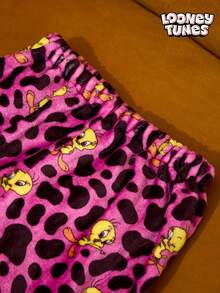 LOONEY TUNES X Joivida 1pc Women's Flannel Pajama Bottoms (Reversible Style), Featuring The Cute Tweety Pattern And Leopard Print Design, Lightweight, Soft, Warm And Machine Washable. - Multicolor - View 2