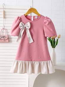 SHEIN Girls' Casual Black Contrast Collar Waist Knit Dress - Pink - View 9