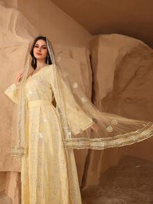 Al Najma Arabic Style V-Neck Belted Embroidered Beaded Party Robe - Yellow - View 3