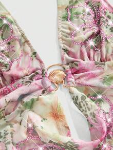 ROMWE Y2K Retro Sexy Draped Neck Rhinestone Embellished Pink Camisole For Women - Green - View 3