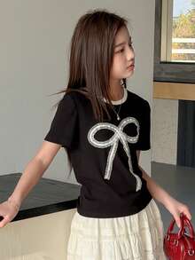 DAZY Camiseta de manga corta con cuello redondo, lazo decorativo y tejido para niñas preadolescentes, otoño - Negro - Ver 7