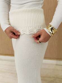 Kuleshova 罗纹针织钩编细节翻折腰带阔腿裤套装（仅下装）秋季舒适可爱休闲咖啡俱乐部优雅晚宴派对 - 奶油色 - 查看 3