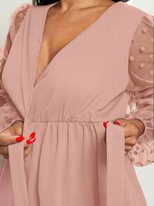 Loomaby Maternity Solid Color Mesh Patchwork Wrap Tie Front Long Sleeve Shirt, Suitable For Baby Shower - Pink - View 4