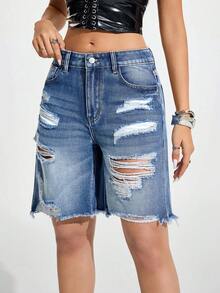 Jeanoix Women's Casual Everyday Commute Fashion Street Ripped Raw Edge Loose Denim Shorts, Summer - Dark Wash - View 4