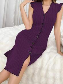 Button-Up Color Block Trim Women's House Dress - Purple - View 3