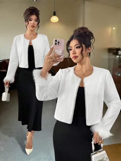 Elenzga Plus Size Textured Fabric Round Neck Long Sleeve Faux Pearl Chain Trim Cardigan Jacket, Casual Elegant Outerwear For Outing, Party And Date