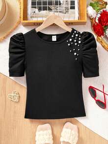 SHEIN Tween Girls' Casual Solid Color Round Neck Short Sleeve Beaded Top - Black - View 2