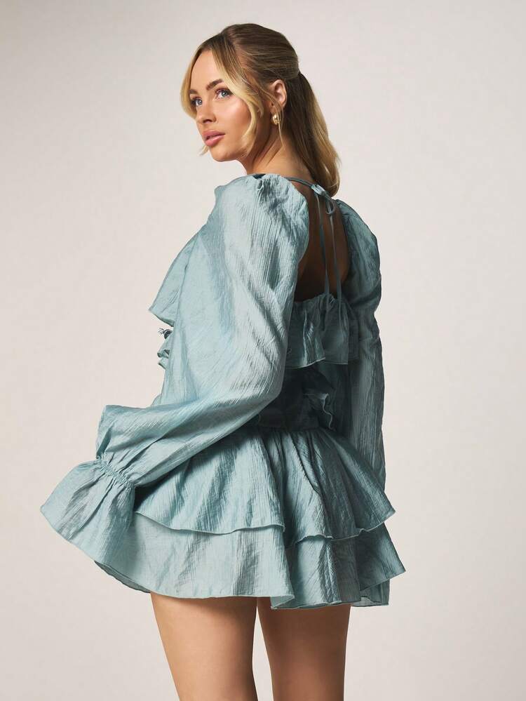MISSGUIDED Ruffle Puff Sleeve Mini Dress With Cut Out Waist V Neck Tiered Flowy Party Evening Feminine Boho Spring Summer