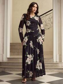 ZEYLAH Elastic Mesh Floral Print Long Sleeve Knit Dress - Black - View 4