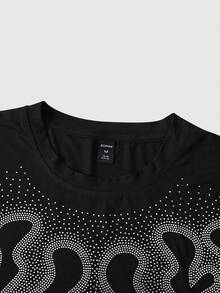 ROMWE MEN Men's Casual Street Style Rhinestone Embellished Flame Print Short Sleeve T-Shirt - Black - View 4