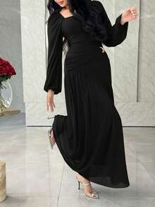 Feyla Women's Solid Color Square Neck Metal Decor Elegant Long Sleeve Dress Long Black Elegant Dress Long Sleeve Elegant Dress