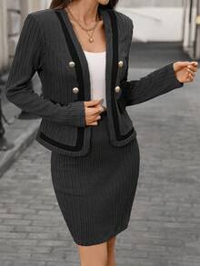 Editum Women's Elegant 2 Pieces Set: Long Sleeve Jacket With Metal Buttons And Bodycon Mini Skirt, Autumn - Multicolor - View 7