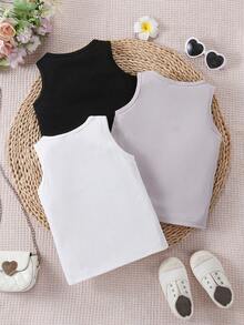 SHEIN 3pcs Young Girls' Versatile Black, White, Khaki Elastic Camisole Tops, Suitable For Casual, Daily Wear, Vacation, Summer - Multicolor - View 2