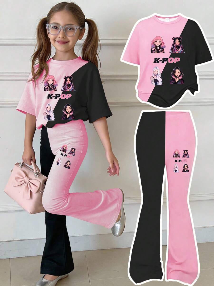 1 Conjunto de Chica Joven Casual Elegante y Lindo con Camiseta de Manga Corta Cuello Redondo con Estampado de Letra de Chica K-POP en Contraste Negro y Rosa y Pantalones Acampanados, Adecuado para Salidas Casuales - Multicolor - Ver 1