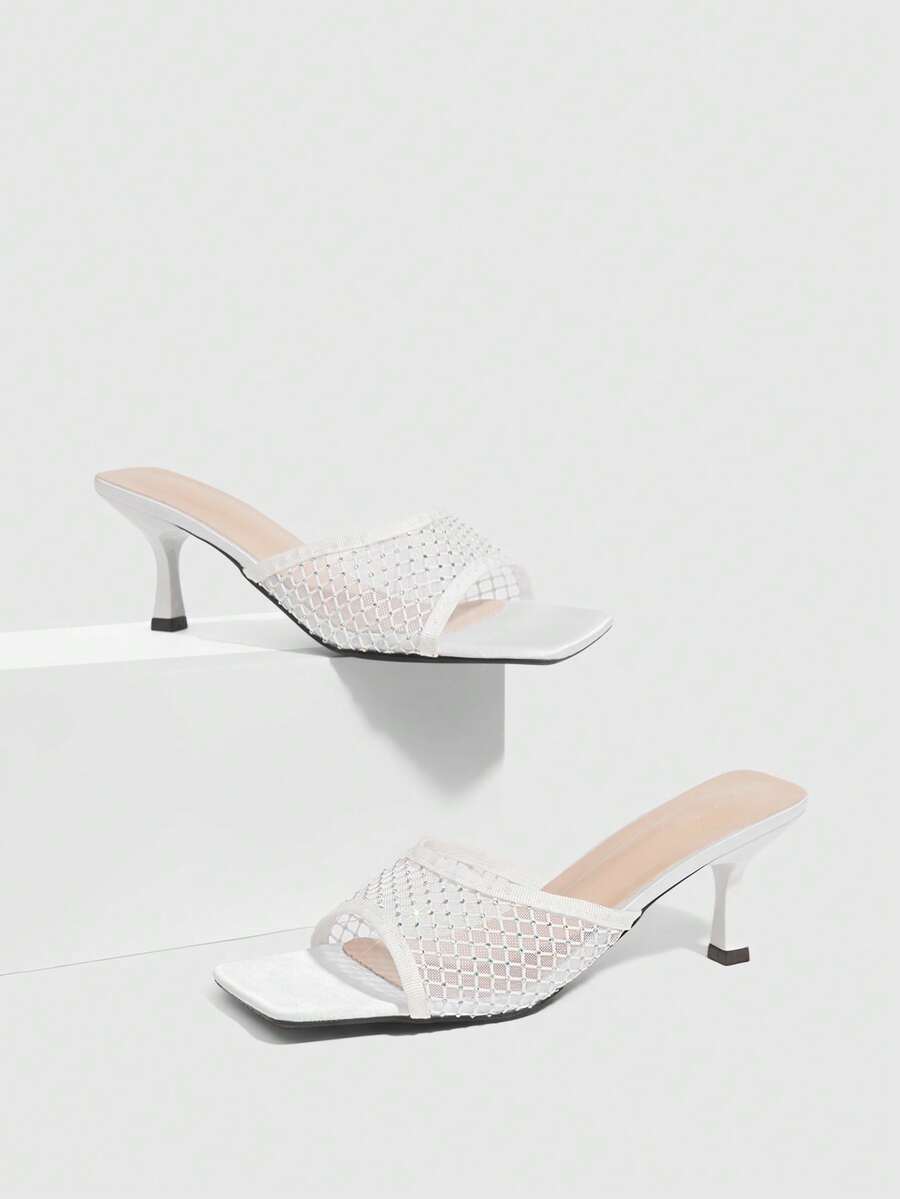 CUCCOO SZL 尖头细高跟女鞋，时尚黑色细带系带粗跟圆头凉鞋，适合通勤、约会、派对、度假等场合。 - 白色1 - 查看 1