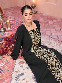 Al Najma Elegant  Arabic Style Gold Thread Embroidery Patchwork Maxi Dress For Women - Black - View 1