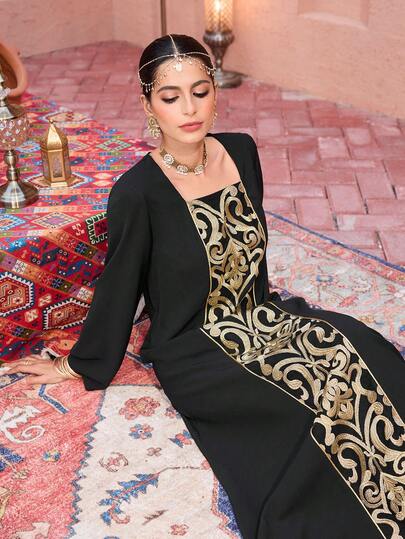 Al Najma Đầm maxi kiểu Ả Rập Trung Đông thanh lịch, thêu chỉ vàng, phối nhiều mảnh dành cho phụ nữ