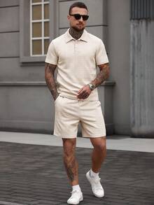 Manfinity CasualCool Men's Solid Color Button-Up Polo Shirt And Slant Pocket Shorts Set Cream Outfit Men Men Summer Sweatsuit Men Two Piece Set Summer Men Two Piece Casual Short Sets Men Co Ord Set Old Money,Daily Leisure, Weekend Trips, Outdoor Activities, Travel Expeditions, Relaxed Work Environments Or Semi-Formal Occasions, Boyfriend/Husband Gift, Anniversary /Birthday Gift Party Summer Vacation Holiday New Years Wedding Valentine's Day Beige Men Outfit - Apricot - View 5