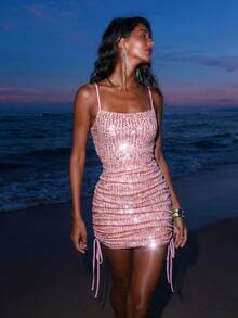 Nevyona 女士粉色丝绒亮片露背褶皱派对假日连衣裙 - 粉色 - 查看 1