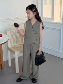 Dazy Kids Tween Girl V-Neck Wrap Sleeveless Jacket And Long Pants Elegant Outfit - Grey - View 1
