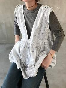FRIFUL Women's Embroidered Fabric Shoulder Tie-Up Loose Casual Blouse - White - View 5