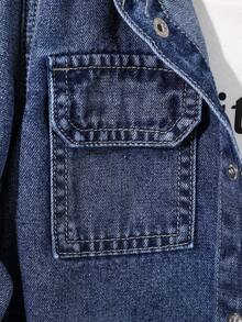 Girls' Light Blue Washed Denim Hooded Long Sleeve Jacket, Casual Loose Fit Denim Shirt Style Coat, Lightweight & Soft, Suitable For Daily Wear, School, Commute, Party, Home, Back To School Season - Dark Wash - View 5