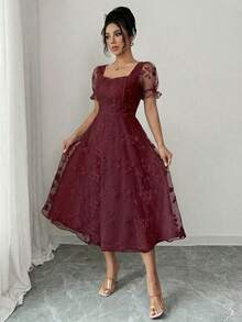 Rafferiza 女士优雅甜心领泡泡袖刺绣网纱收腰中长连衣裙，夏季 - 酒紅色 - 查看 5