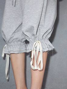 ROMWE Avant Multi-Layer Drawstring Tie Frayed Hem Casual Capri Pants - Grey - View 7