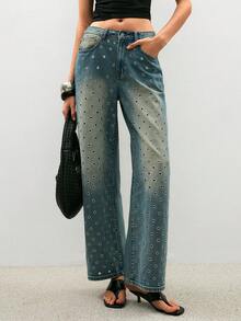 ATUI Studio Women's Fashion Casual Eyelet Pocket Denim Jeans Silver Studded Detail Straight Leg Denim Jeans, Fashionable, Spring/Summer - Blue - View 7