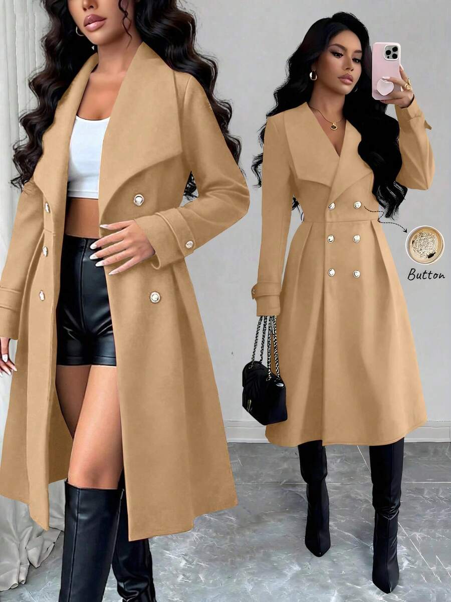 SHEIN Elenzya Áo khoác nữ hai hàng cúc, ve áo bằng chất liệu len pha, kiểu dáng thanh lịch, thường ngày, phù hợp đi làm, công sở, hẹn hò lãng mạn, dự tiệc Giáng sinh, màu đỏ tía, Thu/Đông, - Màu Khaki - Xem 1