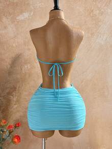 Soleia Light Blue Summer Casual Vacation Holiday Hollow-Out Backless Rhinestone Tassel Bodycon Mini Dress,Suitable For Party,Valentine's Day,Nightclub - Blue - View 2