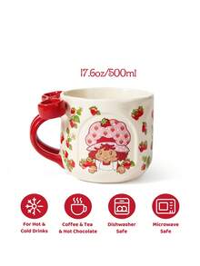 Strawberry Shortcake X SHEIN 1 Cốc sứ in hình hoạt hình 500ml, tay cầm trang trí hình nơ, chịu nhiệt và lạnh, có thể dùng trong lò vi sóng và máy rửa chén, thích hợp đựng nước, sữa, nước ép, cà phê, dâu tây, phong cách đồng quê, ý tưởng quà tặng. - Nhiều màu - Xem 3
