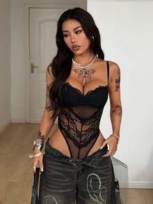 Coolane 女士夏季音乐节俱乐部性感Y2K音乐节蕾丝黑色修身连体衣