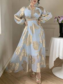 DAZY Women's V-Neck Printed Waist Cinched Elegant Dress, Vacation Style - Blue - View 5