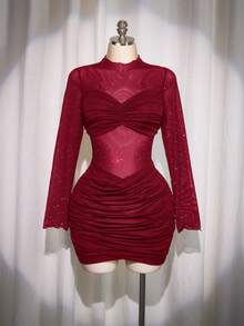 SHEIN ICON 大码女士性感夜店风黑色迷你连衣裙 - 酒紅色 - 查看 8