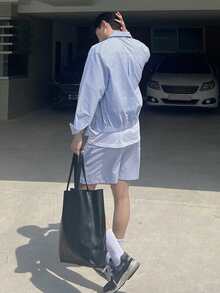 DAZY 男士蓝色条纹短裤套装，含衬衫，春夏款 - 藍色 - 查看 9