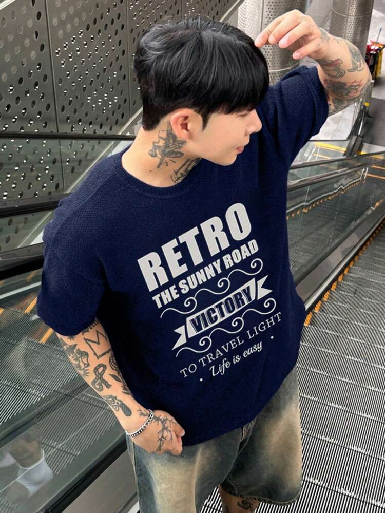 Men's Letter Print Crew Neck T-Shirt, Navy Blue, Summer