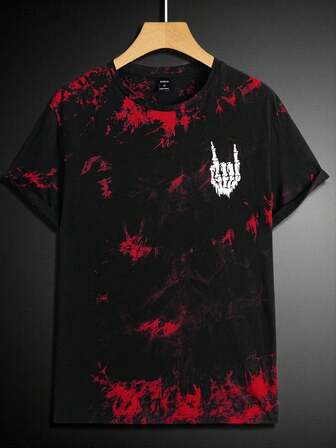 GENTILAND Tricou bărbătesc cu imprimeu de mână cu schelet, vopsit în stil Tie Dye, vară