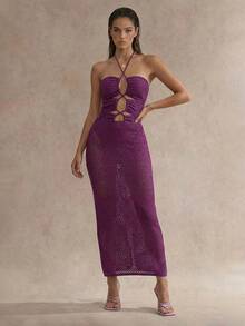 SHEIN Swim Purple Solid Color Halter Backless V-Neck One-Piece Swimsuit With Bodycon Skirt Set,Summer 70s Retro Women 2 Piece Long Skirt Set,Night Party - Purple - View 2