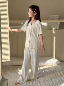 DAZY Tween Girl Floral Print Button Front Short Sleeve Top And Pants Pajama Set - Beige - View 4
