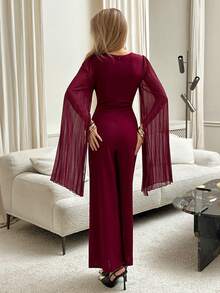 Elenzga Women's Elegant Romantic Precise V-Neck Waist Flared Leg Jumpsuit - Burgundy - View 2