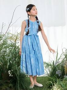 DAZY 少女荷叶边下摆圆领前扣无袖连衣裙 - 藍色 - 查看 4