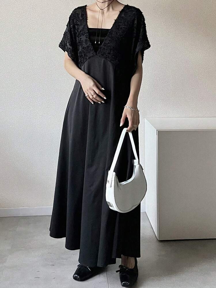 Women's Summer Textured Fabric Patchwork V-Neck Short Sleeve Elegant Long Dress