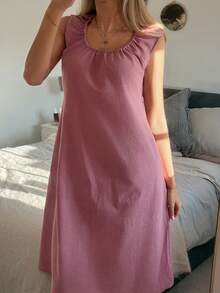 DAZY 女士格子褶皱腰部无袖中长睡裙 - 紅白色 - 查看 1