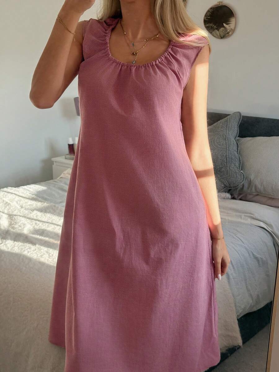 DAZY 女士格子褶皱腰部无袖中长睡裙 - 紅白色 - 查看 1