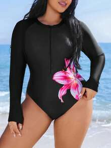 Swim SPRTY Costum de baie pentru femei Plus Size, dintr-o singură piesă, cu mânecă lungă și fermoar frontal, cu protecție pentru erupții cutanate - Negru - Vizualizare 3