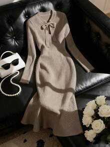 Franclia 新款时尚优雅高品质女士针织毛衣连衣裙，秋季百搭 - 摩卡棕 - 查看 5