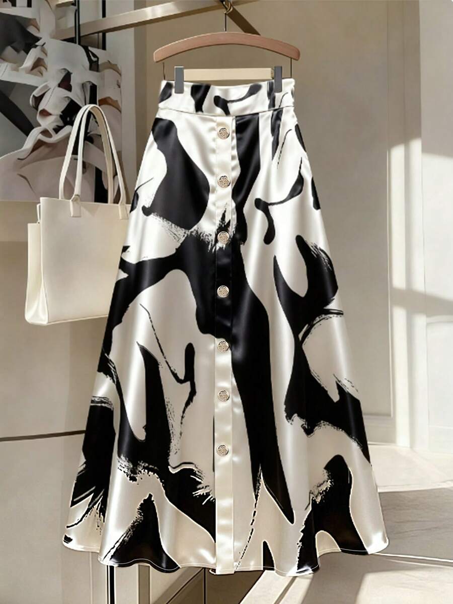 Franclia 时尚休闲百搭印花缎面A字裙，纽扣装饰，夏季 - 黑與白 - 查看 1