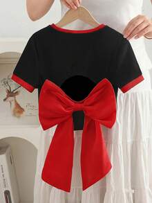 SHEIN Tween Girls Solid Color Contrast Fitted Cropped Backless Organza Bow Decor Short Sleeve T-Shirt, Fashionable French Elegant, Back To School, Y2K, Sweet & Cool Lady Style Summer Outfits