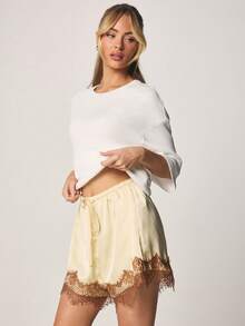 MISSGUIDED Satin Lace Trim Drawstring Shorts With Decorative Hem Detail Summer Lounge Casual Bottoms - Yellow - View 4